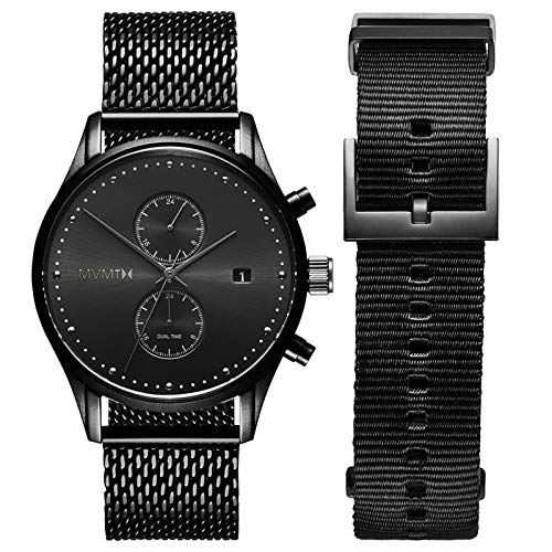 MVMT Voyager Mens Watch Gift Set | Analog Chronograph Watch with Date | Includes Black Stainless Steel Mesh & Black Nylon Straps