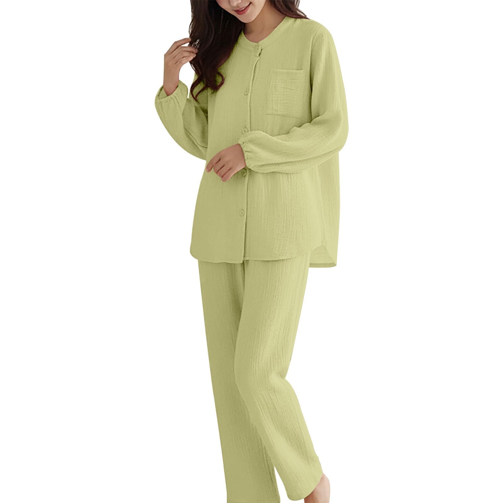 Ensemble de pyjama long en mousseline plissée pour femme | Ensemble de pyjama 2 pièces uni, combinaison avec poches, chemisier à manches longues, boutons et pantalon long ample