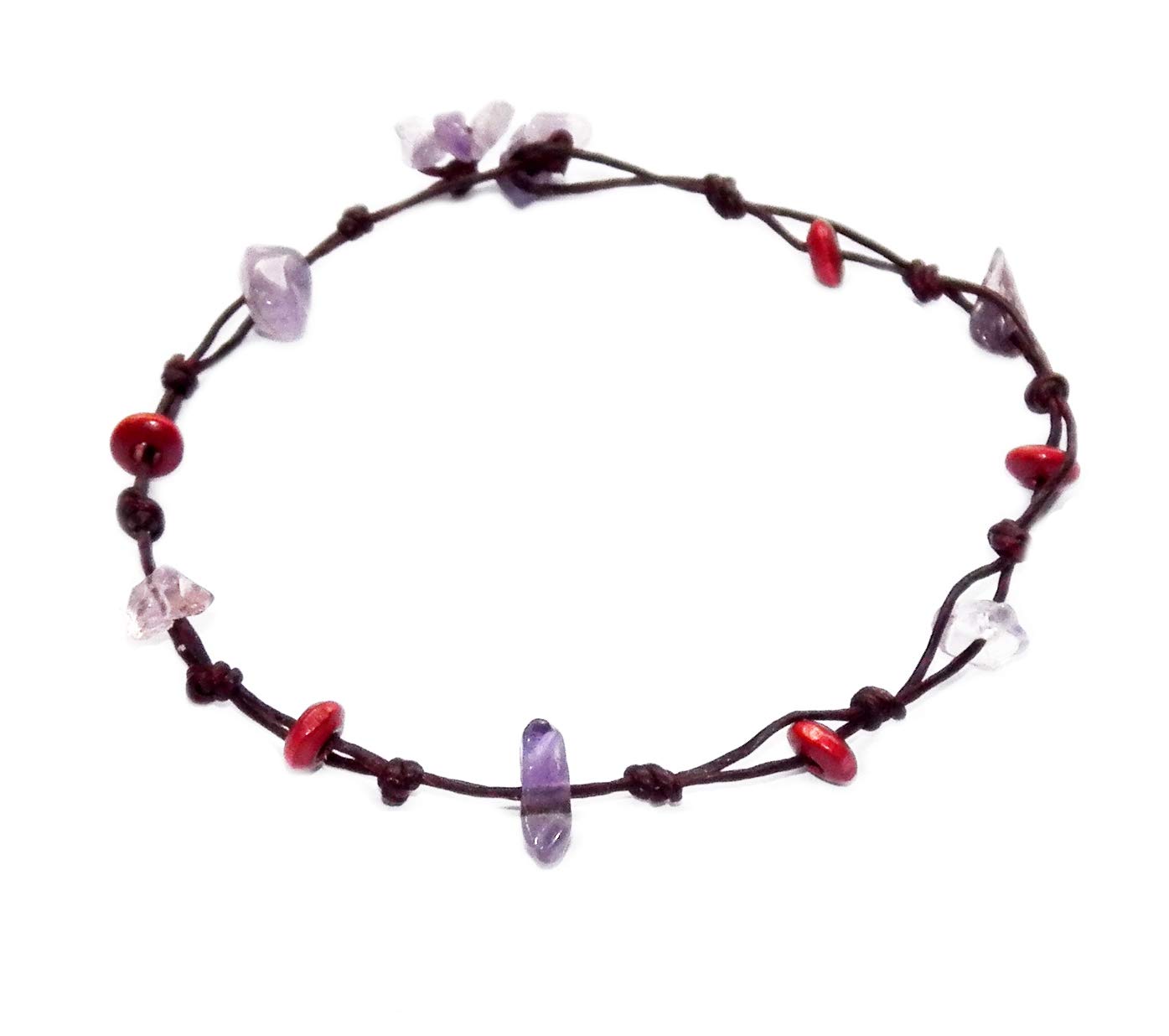 Tobillera morada de piedras naturales madera y cordon de algodon estilo boho P20 3