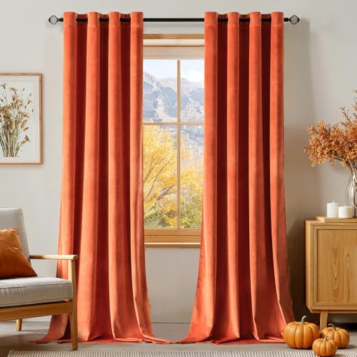 MIULEE Burnt Orange Velvet Curtains for Fall Living Room Thermal Insulated Soundproof Room Darkening Terracotta Blackout Curtains/Grommet Window Rust Drapes for Home Theatre 52 x 84 Inch Set of 2