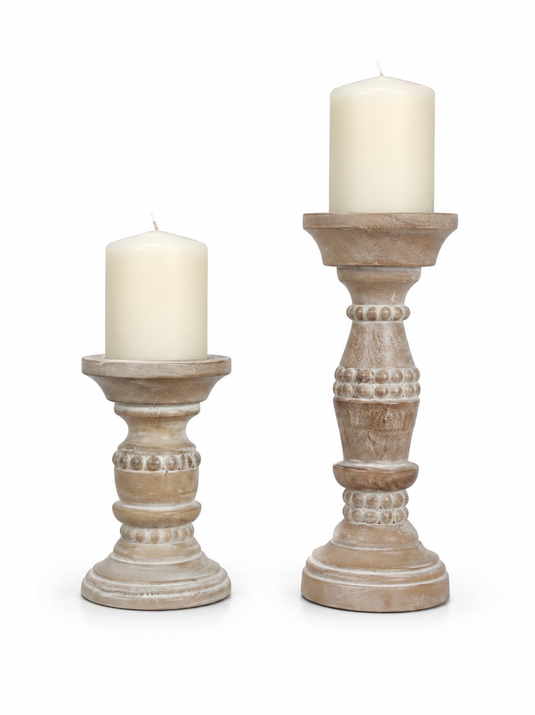 Wooden Pillar Candle Holder Natural Wood Finish with Carved Beans Filled with White Set of 2 Ideal for Weddings or Parties as Well as Home Decor-image-5