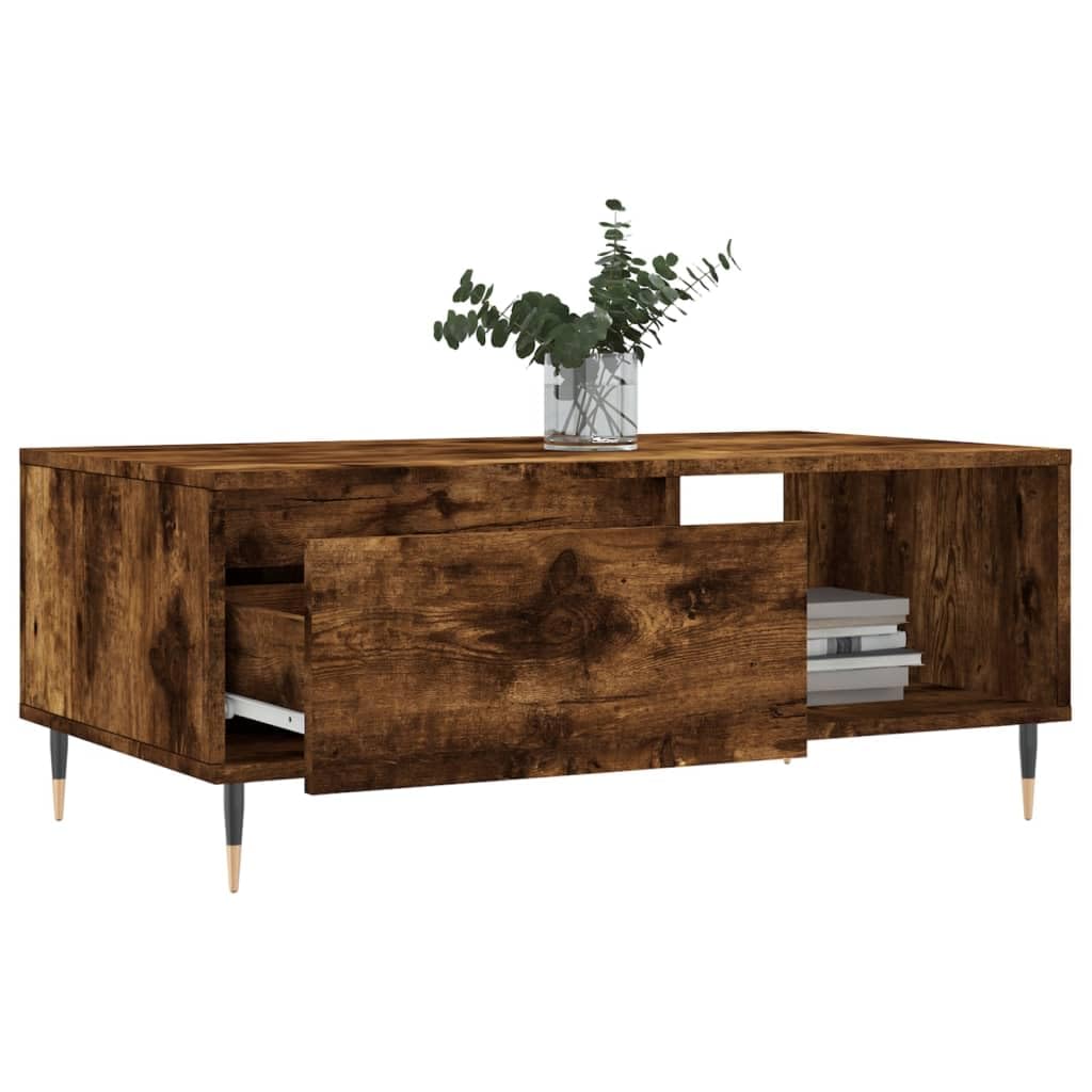 Mesa de centro de roble ahumado 90 × 50 × 36,5 cm, madera, patas de metal, cajón, estante, salón, dormitorio, balcón