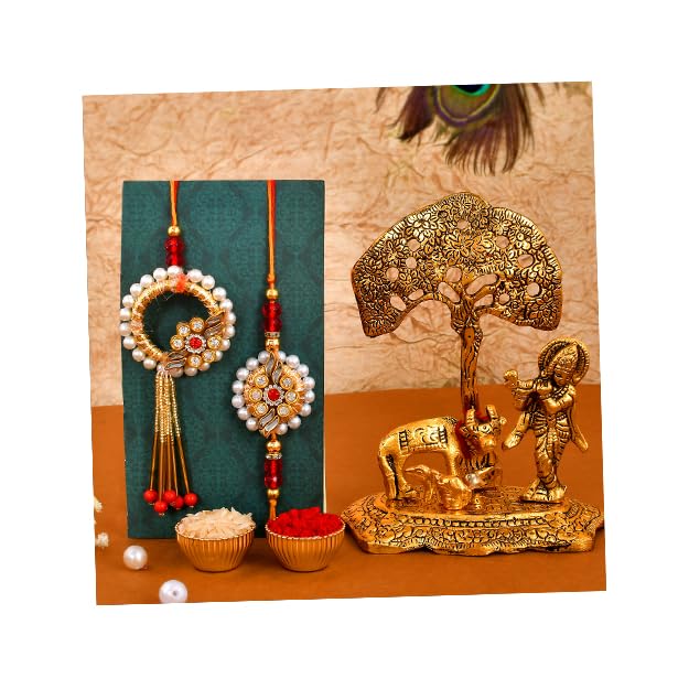 Jhankaar Combo Pacchi Rakhi Set For Brother And Bhabhi - Kundan Bracelet Rakhi With Chain Lumba Rakhi Couple Set - View #2