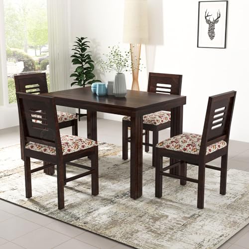 Image of VK Furniture Sheesham Solid Wood 4 Seater Dining Table Set of Four with 4 Print Cushion Chairs for Dinner Hall Kitchen Living Room Home Office Restaurant |L45 X W30 X H30|Walnut