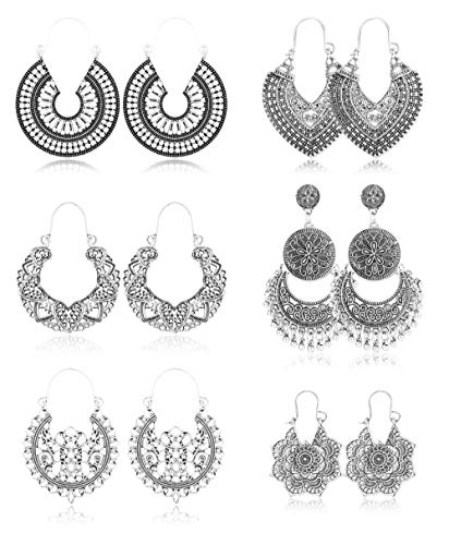 Finrezio 6 Pares Pendientes Colgantes Bohemios Vintage Estilo Nacional Boho Pendientes Llamativos Con Cuentas De Pétalos Huecos Para Mujeres Niñas Joyería de plata Hipoalergénicas