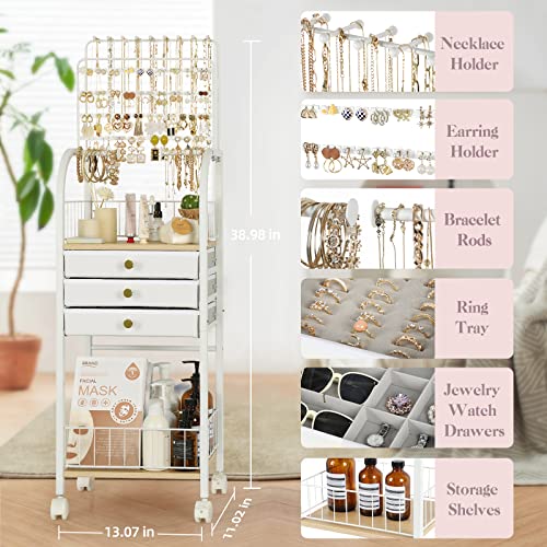 Keebofly Large Jewelry Organizer Stand with 3 Box Drawer - Necklace Organizer Earring Storage Armoire Holder with Display for Earring Necklace Ring Bracelet3