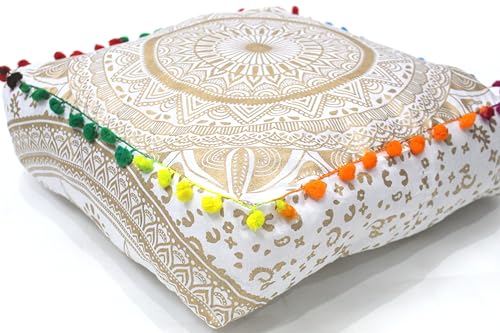 CRAFT KALA Gold Large Hippie Mandala Meditation Floor Ottoman Pillow Cushion Pouf Cover Square Poufs Bohemian Circle Floor Cushion Case Outdoor Fireplace Yoga Living Room Decor Cover 16
