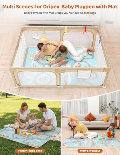 Image of Dripex Baby Playpen with Mat, 71 inchx47 inch Large Play Pen for Babies, Beige