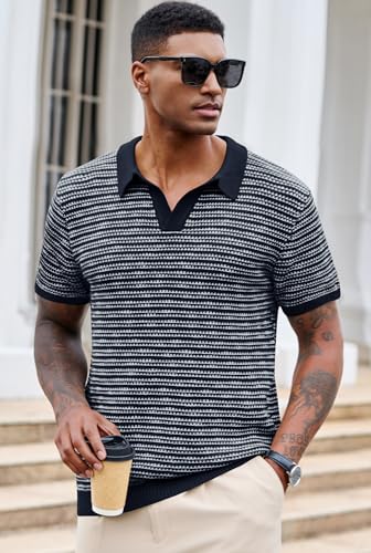 Men V Neck Polo Knit Striped Heavyweight Casual Poloshirts Summer Short Sleeve Shirt (S-XXL)2