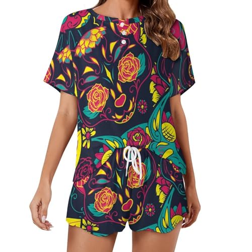 Pyjama femme ete contre la chaleur nocturne ensemble manches courtes motif chat