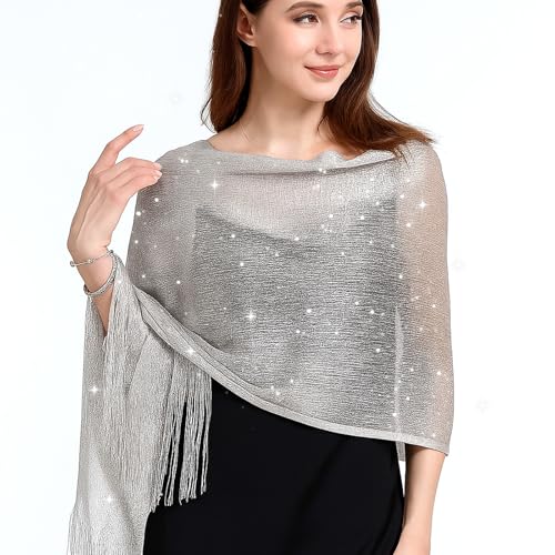 Women's Shawls and Wraps for Evening Dresses Glitter Shawls Fringe Bridal Capelet for Bride and Bridesmaid, Silver4