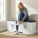HOMSHO 2-Tier Storage Bench, 47.2' Wide Shoe Bench with Padded Seat Cushion, Entryway Bench with 4 Barn Doors and Adjustable Shelf, White