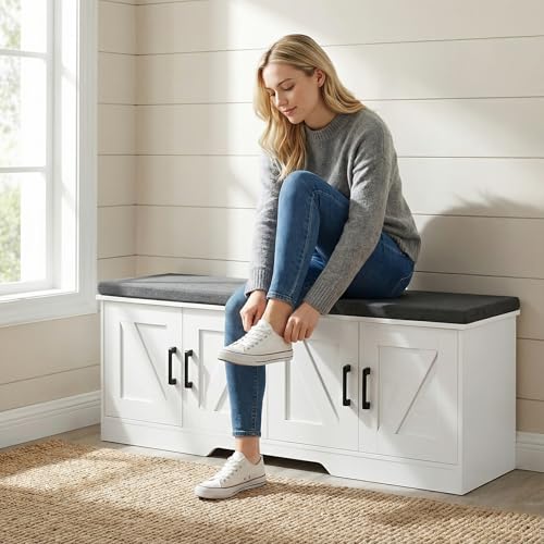 HOMSHO 2-Tier Storage Bench, 47.2' Wide Shoe Bench with Padded Seat Cushion, Entryway Bench with 4 Barn Doors and Adjustable Shelf, White