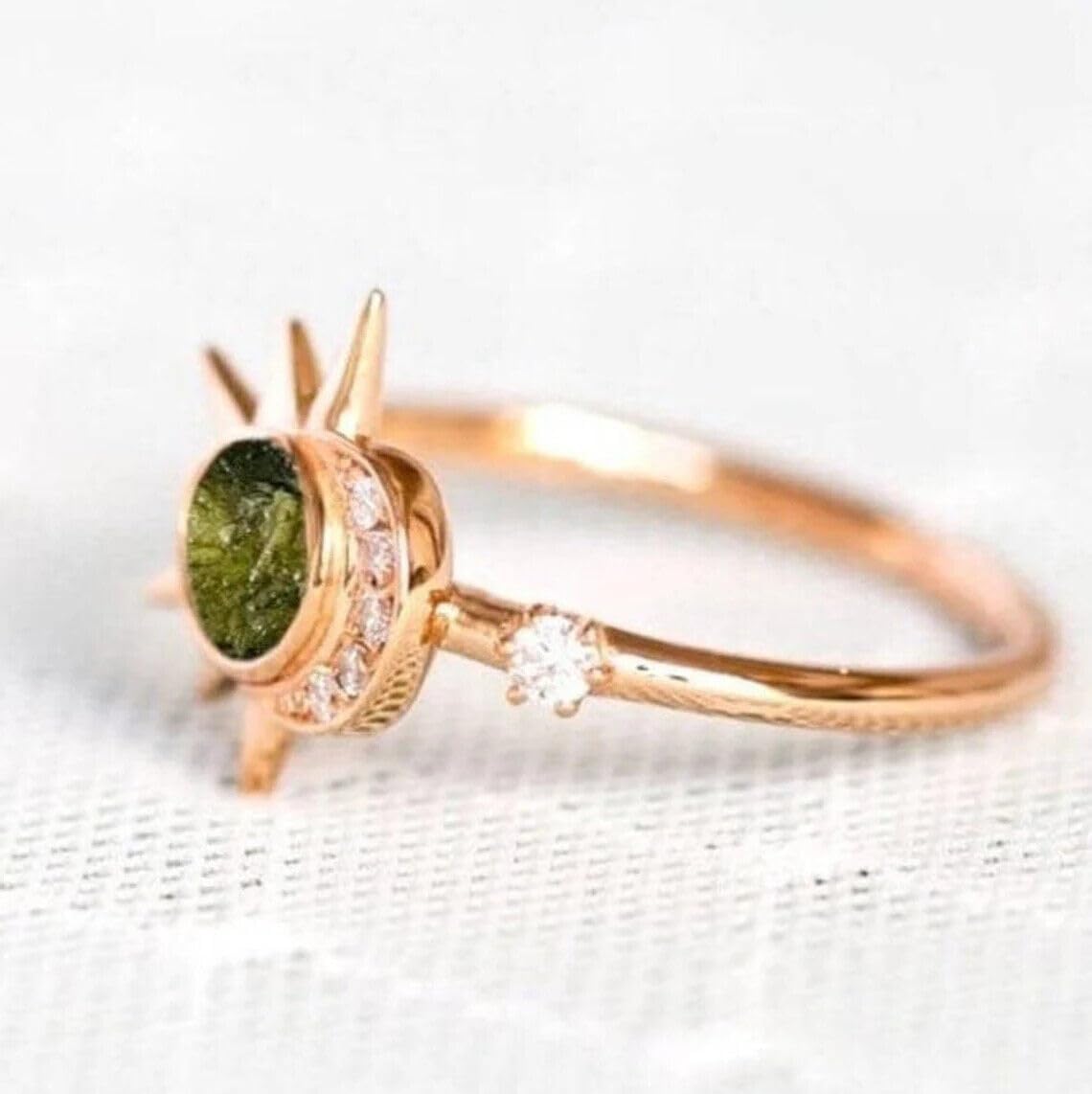 Natural Raw Moldavite Ring Sun and Moon Ring Engagement Ring Women Ring 925 Sterling Silver Rough Moldavite Ring Crescent Moon Ring Gift For Her