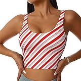 Women Wirefree Sports Bra Longline Padded Medium Support Yoga Workout Top, Christmas Red Candy Cane Stripes Bras Tank Tops