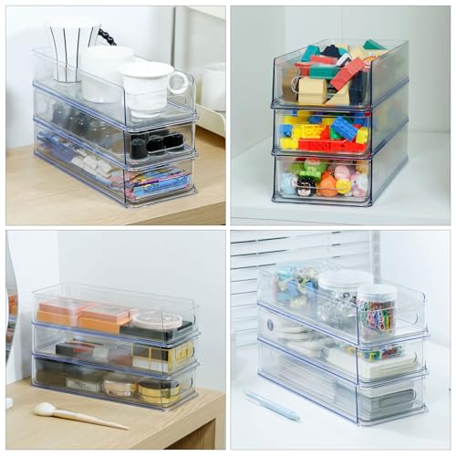 Image of 3 Tier Desk Drawer for Corner, Plastic Storage Organizer for Coffee Station, Under Sink, Bathroom Countertop and Kitchen Cabinet, Clear Stackable Pull Out Container, Short