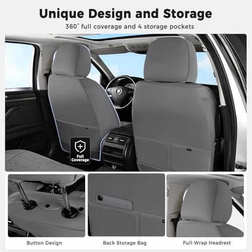 Image of Huidasource Gray Car Seat Covers Full Set, Full Coverage Nappa Leather Seat Cover, Front and Back Seat Covers 5 Seats Universal Fit for Most Cars SUV Trucks, Car Seat Cushion Protector