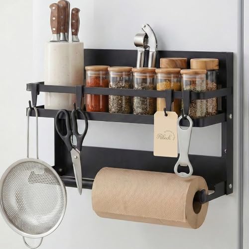 Ribech Étagère à Épices avec Porte-Rouleau – Étagère Murale Inox Magnétique & sans Percer, avec 4 Crochets pour Cuisine & Salle de Bain, Noir