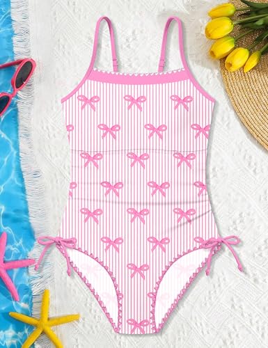 Image of BAVADER Girls Swimsuit One Piece Modest Girls Bathing Suit Solid Square Neck Ruched Adjustable Straps Padded Swimwear 9-16y