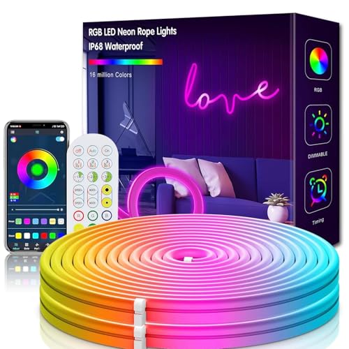 FunGeneTEC Neon Striscia LED 3 Metri, Silicone Neon Luci LED Flessibile Funziona con APP, Telecomando, IP67 impermeabile, Sincronizzazione Musicale, Decorazione Esterna/Interna del partito