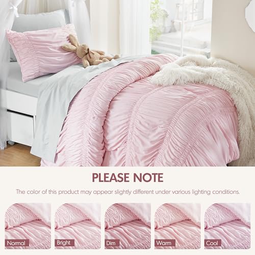 Image of Intelligent Design Ruched Shabby Chic Pink Twin XL Comforter Set, 2pc | Back to School Girls Dorm Bedding Set, French Country, All Season Down Alternative, Cozy, Machine Washable, Lightweight