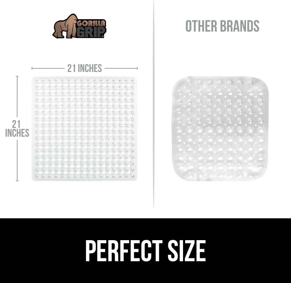 GORILLA GRIP Patented Shower Stall Mat and Chenille Bathroom Toilet Lid Cover, Shower Stall Mat Size 21x21 in Clear, Machine Washable, Toilet Lid Cover Size 19.5 by 18.5 in Beige, 2 Item Bundle