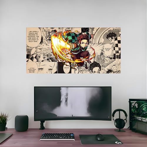 Image of Aniculture Demon Slayer Tanjiro Kamado Split Poster Set of 3, A4 Size Each - Panoramic Anime Wall Art Collage - 300 GSM Ultra HD Print Quality - Self-Adhesive - 24 x12 Inches Large Decor