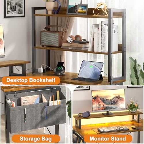 Homieasy L Shaped Computer Desk with Bookshelf, 47 Inch Reversible Corner Gaming Desk with Charging Station & Led Light, Home Office Desk with Hutch Monitor Stand Storage Shelves Bag, Rustic Brown