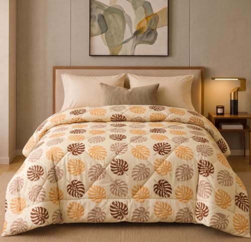 Image of HOMEKART 220 GSM Reversible Microfiber AC Comforter /Duvets for Mild Winter | All Season Single Size 3 Layered Quilted Blanket for Single Bed (230 cm x 150 cm,Beige Leaf)