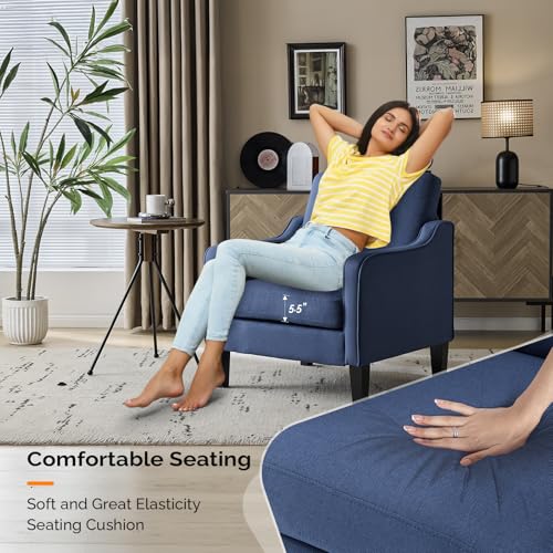 Image of VINGLI Navy Blue Accent Chairs for Living Room, Line Comfy Upholstered Chair Mid Century Modern Armchair for Bedroom, Home Office, Small Spaces, Apartment