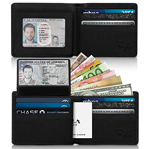 2 ID Window RFID Wallet for Men, Bifold Top Flip, Extra Capacity Travel Wallet (Charcoal Black - Distressed Leather, Medium)