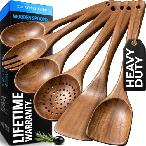 Zulay Kitchen 6 Piece Wooden Spoons for Cooking &ndash; Natural Teak Wooden Utensil Set, Easy to Clean...