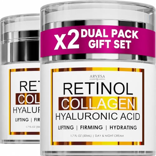 (2 Pack) Retinol Cream for Face with Collagen and Hyaluronic Acid - Anti Aging Wrinkle Cream for Women and Men - Day and Night Facial Moisturizer for Tightening and Skin Firming