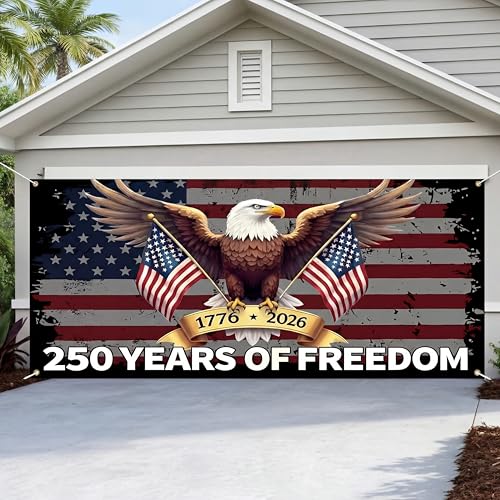 Moukeren 6x13ft 250th Patriotic Garage Door Banner 250th Anniversary Flag Bald Eagle Theme Garage Door Decorations Memorial Day Wall Banner Cover 4th of July Labor Day Party Supply