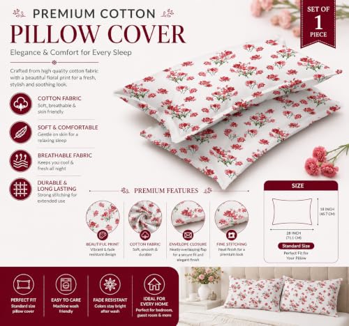 Image of IVAZA 240 TC Soft Ezyption Cotton Floral Print King Size Bedsheet - with 2 Pillow Covers, Hypoallergenic, Brethable, (Size- 90 x 90 Inch) Red White
