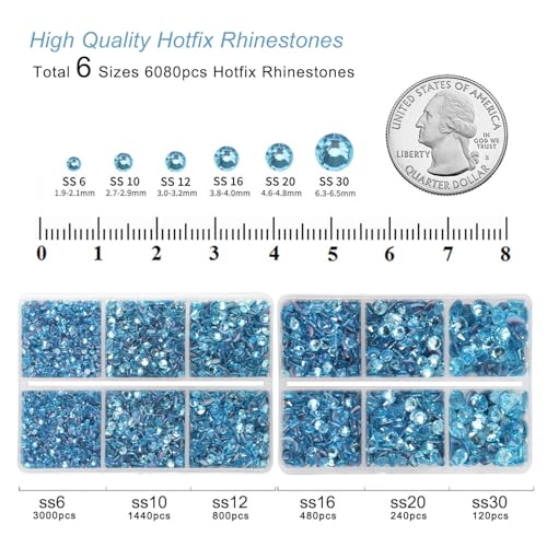 Image of BEADSLAND Hotfix Rhinestones, 6080PCS Blue Rhinestones for Clothes Crafts Mixed 6 Sizes with Wax Pencil and Tweezers Kit, SS6-SS30, Aquamarine