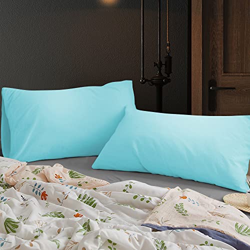 Image of Soft Pillow Covers 16 x 26 Inches - Egyptian Cotton 600 Thread Count Set of 2 Pillow Cover Set Envelope Closure Hotel Quality Pillowcase - Aqua Blue