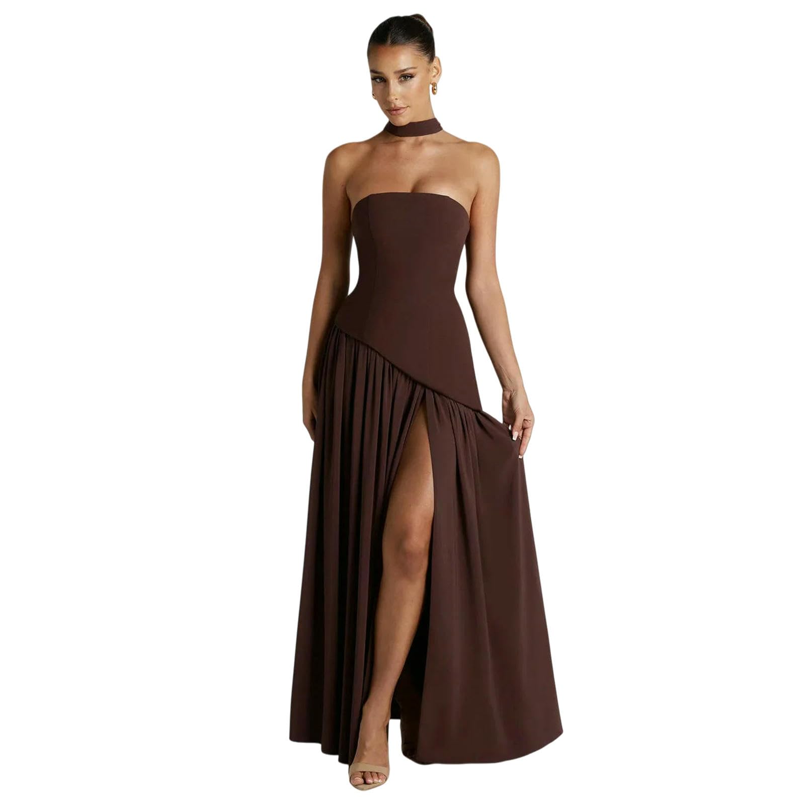 Abito Donna Invernale Lungo da Elegante Sciarpa Senza Spalline con Collo A Pieghe Sexy Sottile Schienale Corsetto Nastro Fessura Vita Estiva Pieghettata-10-s
