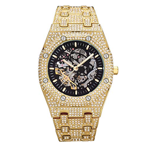 Preisvergleich Produktbild ICEDIAMOND 43MM Iced Out Durchbrochene mechanische Automatik-Armbanduhr, vollglänzende CZ-Diamant-Handaufzugs-Skelett-Ziffer... für Herren (Gold)