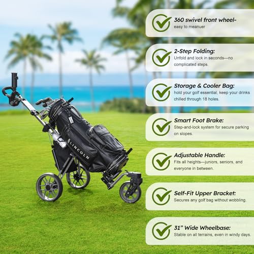 Tedycatt 360 Golf Pull Cart: Lightweight Folding Swivel 3 Wheels Golf Caddy with Foot Brake, Cooler Bag, Drink& Umbrella Holder, Gray