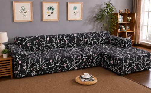 Image of Gifts Island Premium 160GSM Super Soft Black Stem Stretchable Sofa Cover L Shape 6 Seater Fully Covered | Suitable for Both Left and Right Side Chaise Sofa (Black Stem, 3+3 Seater)