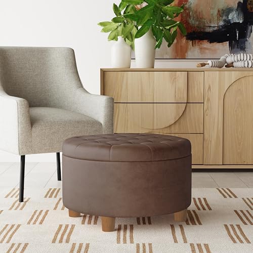 Image of HomePop 28 inch Button Round Storage Ottoman - Brown Faux Leather