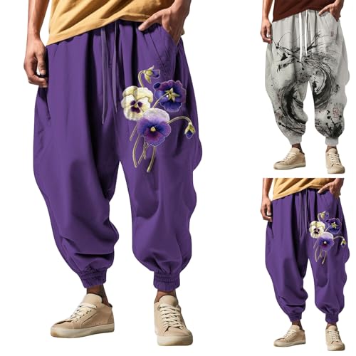 Japanese Pants Men Casual Baggy Anime Print Joggers Sweatpants Elastic Drawstring Boho Hippie Harem Pants with Pocket