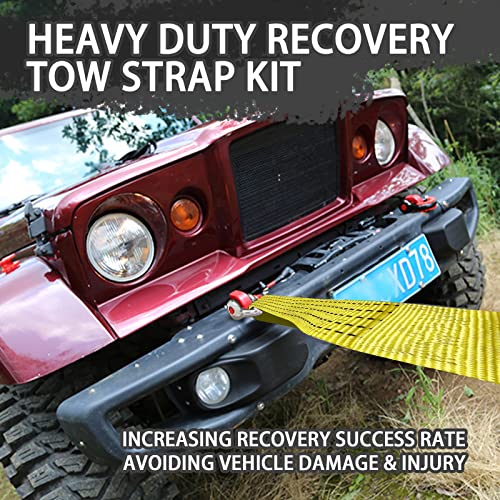 Image of Heavy Duty Tow Straps Recovery Kit, 2 inch x 26ft Recovery Strap with 12000 lbs Break Strength, Heavy Duty Tow Rope D-Ring Shackles for Towing Vehicles, Boats(Yellow)