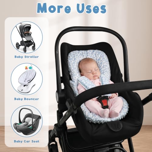 Image of Infant Car Seat Insert Head and Body Support, GFU Reversible Newborn Insert for Carseat with Strap Pads, Soft Stroller Cushion Pillow Insert for Boys and Girls, Fits for Stroller, Swing, Blue Flower