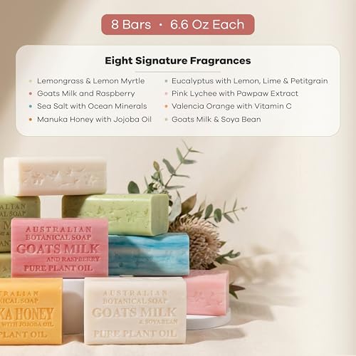Image of Australian Botanical Soap Variety Pack, 6.6 oz Bars - Goat Milk, Eucalyptus, Manuka Honey, Sea Salt, Pink Lychee, Lemongrass, Raspberry, Valencia Orange - Enriched with Organic Shea Butter, Pack of 8