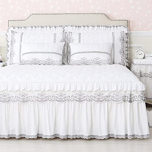 Jupe de lit blanche 150x200cm en pur coton matelassé à volants dentelle
