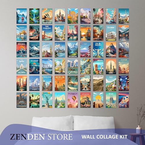 Image of ZENDEN STORE Pack of 54 Travel Wall Collage Kit Posters - 4x6 Inch, 300 GSM Matte Cardstock with 300+ Glue Dots - Adventure & Wanderlust Wall Decor for Bedroom, Dorm, Living Room