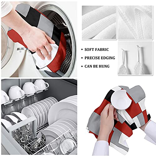 Seven Roses Classic Microfiber Soft And Absorbent Kitchen Towels, Irregular Geo Color Block Wrinkle Free Dish Towels For Kitchen, White Grey Black Red Abstract Geometric Pack Of 2, 18 X 28 Inches #TOP4