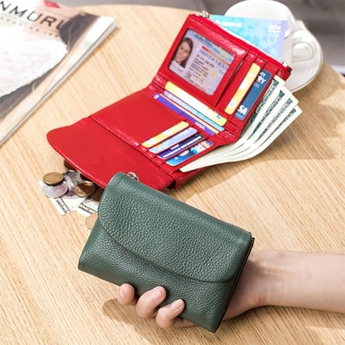 Unisex Leather Wallet, 5.3In Short Genuine Leather Coin Card Holder with Money Clip for Coins and Cards, Small Compact Bifold Pocket Purse Multicolor, for Men & Wome (Contrast Red)2